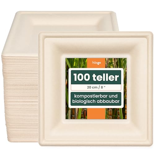 HAAGO 100 Umweltfreundliche Zuckerrohrteller Biologisch abbaubar & Heim Kompostierbar - Wie Pappteller, Einwegteller für warme und kalte Speisen - 20cm/8“ von HAAGO