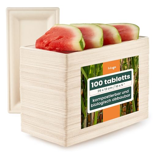 HAAGO Zuckerrohr Bagasse Servierplatten, Rechteckig Einwegteller, 26x12cm - Buffet, Snacks, Fingerfood - Stabil, Biologisch Abbaubar & Kompostierbare (100 Pack) von HAAGO