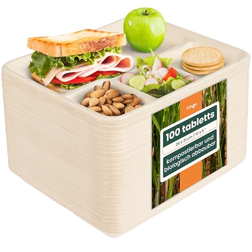 HAAGO 100 Zuckerrohr Bagasse Einwegteller, 5-Geteilte Menüteller, 26 x 21cm - Stabil, Biologisch Abbaubar, Umweltfreundlich & Home Kompostierbar von HAAGO