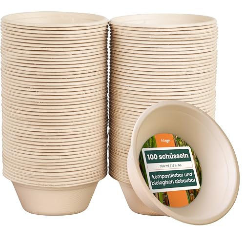 HAAGO - 100 Zuckerrohrschalen, Starke Papierschalen - Heim kompostierbar Partyschalen für Zuhause, Biologisch abbaubar, Einwegschalen für heiße und kalte Speisen - 350ml von HAAGO