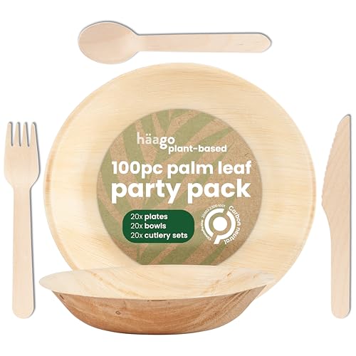 HAAGO 100pc Palm Leaf Tableware & Birchwood Cutlery Set (20x Round Plates (22cm), 20 Round Bowls (425ml), 20x Knives, 20x Forks, 20x Spoons) Compostable & Disposable - Freezer & Microwave Safe von HAAGO