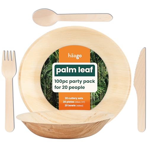 HAAGO 100pc Palm Leaf Tableware & Birchwood Cutlery Set (20x Round Plates (22cm), 20 Round Bowls (425ml), 20x Knives, 20x Forks, 20x Spoons) Compostable & Disposable - Freezer & Microwave Safe von HAAGO