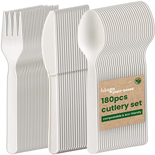 HAAGO 180-tlg. Besteck-Set Bioplastik Biologisch Abbaubar Kompostierbar (60x Messer, 60x Gabeln, 60x Löffel, Weiß) - Umweltfreundlich Ideal für Catering & Hochzeiten von HAAGO