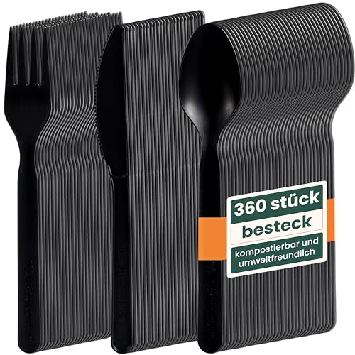 HAAGO 360-tlg. PLA-Besteck-Set Biologisch Abbaubar Kompostierbar (60x Messer, 60x Gabeln, 60x Löffel) - Umweltfreundlich Ideal für Catering & Hochzeiten - Schwarz von HAAGO