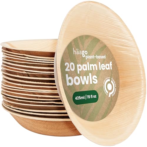 HAAGO 20 Palmblattschalen (450ml, rund) Kompostierbar & Wegwerfbar - Umweltfreundliches Picknick- & Outdoor-Geschirr - Gefrierschrank- & Mikrowellenfest von HAAGO