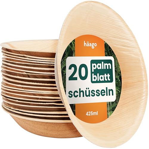 HAAGO Palmblattschalen Kompostierbar & Einweg - Umweltfreundliches Palmblatt Geschirr für Picknick- & Outdoor-Geschirr - Gefrierschrank- & Mikrowellenfest Suppenschalen Einweg (Rund / 425 ml, 20) von HAAGO