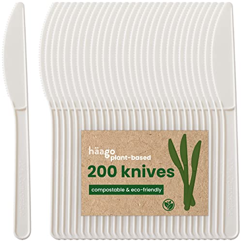 HAAGO 200 PLA Messer Besteck aus Bioplastik - Biologisch Abbaubar (Weiß, 17,7 cm) - Umweltfreundliches Mehrwegbesteck für Party, Garten & Hochzeit von HAAGO