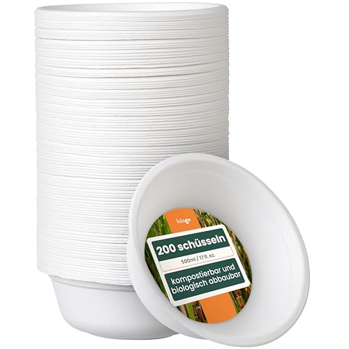 HAAGO 200 Stück Zuckerrohr Pappschalen - 500 ml - Mikrowellenfest & Biologisch Abbaubar von HAAGO