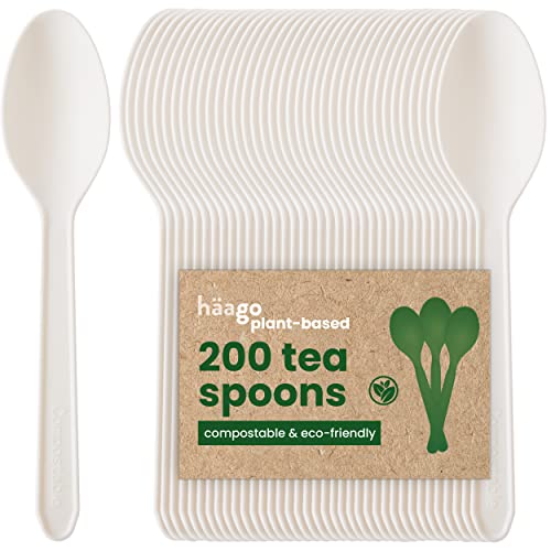 HAAGO 200 Teelöffel Bioplastik-Besteck - Biologisch Abbaubar (Weiß, 12,5 cm) - Mehrwegbesteck für Kaffee, Dessert, EIS von HAAGO