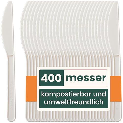 HAAGO 400 Messer Besteck Wiederverwendbar - Biologisch Abbaubar (Weiß, 17,7 cm) - Umweltfreundliches Mehrwegbesteck für Party, Garten & Hochzeit von HAAGO