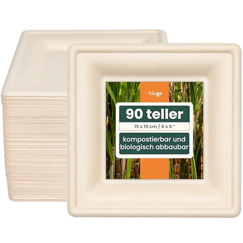 HAAGO 90 Zuckerrohr Einwegteller - wie Papierteller, Alternative zu Plastiktellern - Quadratisch Partyteller - Home Kompostierbar - Einmalteller für BBQ's Picknicks & Mehr - 15cm/6" von HAAGO