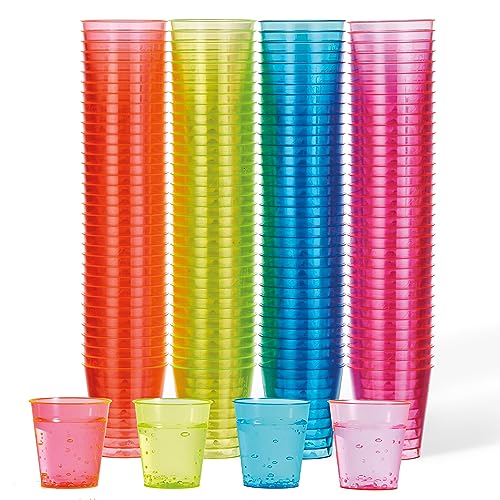 MATANA 150 Bunte Schnapsgläser aus Plastik, 3cl - Pinnchen Kunststoff, Neon Shotgläser, Shot Becher, Schnapsbecher, Plastikbecher - Party Zubehör - Stabil & Mehrweg von MATANA