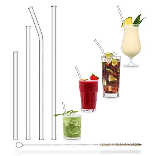 HALM Glasstrohhalme 4 Glas-Trinkhalme 23cm 20cm 15cm + Reinigungsbürste - Transparent - 3 Stück gerade 1x gebogen - Perfekt für Cocktail, Smoothie Strohhalm von HÅLM