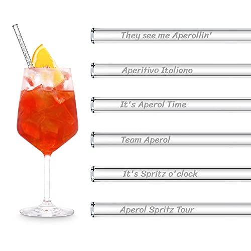 HALM Glasstrohhalme Aperol Spritz Geschenkset | 6 Stück gerade 20 cm | 6 Lustige Sprüche Cocktail Zubehör | Wiederverwendbare Glas-Trinkhalme graviert - Glasstrohalme von HÅLM