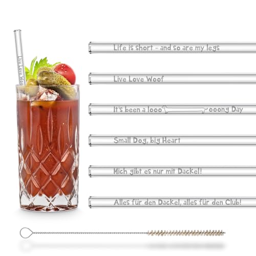 HALM Glasstrohhalme Dackel Sprüchen Edition – 6 x 20 cm mit lustigen Dackel Sprüchen Wiederverwendbar & spülmaschinenfest Strohhalme aus Glas von HÅLM