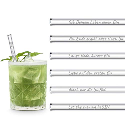 HALM Glasstrohhalme Gin Sprüche Edition 6X 15cm mit gravierten Gin-Sprüchen in Deutsch Strohhalm Trinkhalm Glasstrohalm Gin-Tonic von HÅLM