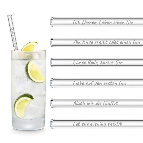 HALM Glasstrohhalme Gin Geschenkset 6 lustige Sprüche auf 20 cm Glas Strohhalmen graviert in Deutsch Glastrinkhalme als Gin Tonic Geschenk von HÅLM