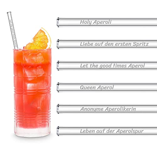 HALM Aperol Spritz Sprüche Glas Strohhalme Holy Aperoli Edition 23 cm - 6 lustige Trinksprüche graviert inkl. Bürste Glastrinkhalm… von HÅLM