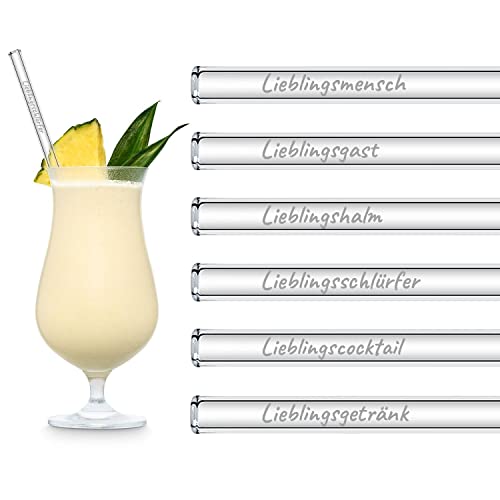 Lieblingsmensch Geschenk Glasstrohhalme Lieblings-Sprüche | 6x 23 cm lang Glas Strohhalme Gäste Geschenkset mit gravierten Sprüchen | Cocktail Set Mitbringsel von HÅLM