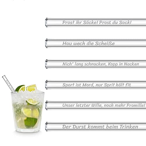 HALM Glasstrohhalme Sauf Sprüche Edition 6x 15 cm kurz mit gravierten Trinksprüchen in Deutsch Strohhalm Trinkhalm Glasstrohalm Gin-Tonic Geschenk Glas Strohhalme von HÅLM