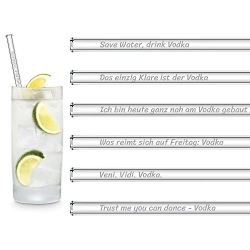 Vodka Edition 6x 15cm Glastrinkhalme mit lustigen Wodka Sprüchen von HÅLM