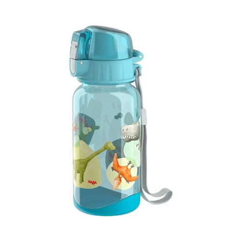 HABA 305152 - Trinkflasche Dinos, 400 ml Kindertrinkflasche mit Dino-Motiv, mit großer Öffnung und Verschlusskappe, läuft nicht aus, BPA-freier Kunststoff, für die Spülmaschine von HABA