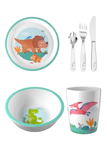 HABA Unisex Geschirr-Set 4-Pack Schüssel, Teller, Becher & Besteck - Dino - Größe One Size von HABA