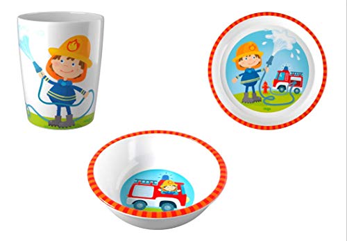 Haba Geschirrset Feuerwehr 3 Teile Becher, Teller, Schüssel von HABA