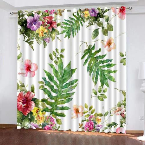 3D Blumen Vorhang Abdunkelnde Blumen, Palmblätter Polyester Vorhänge mit ösen 2er Set Gardinen Blickdicht Verdunkelungs Geräuschreduzierung für Schlafzimmer Wohnzimmer B 220 X H 215 cm（Stil 25-2） von HABEAT