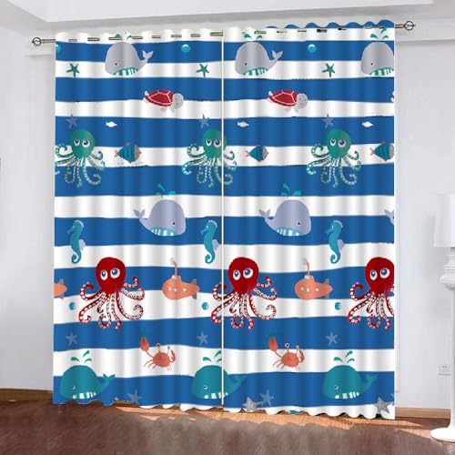 3D Oktopus Vorhänge Abdunkelnde Wal Ozean Kindervorhänge Vorhang mit ösen 2er Set Gardinen Blickdicht Verdunkelungs für Kinderzimmer Schlafzimmer Wohnzimmer B 110 X H 95 cm（Motiv 2-2） von HABEAT