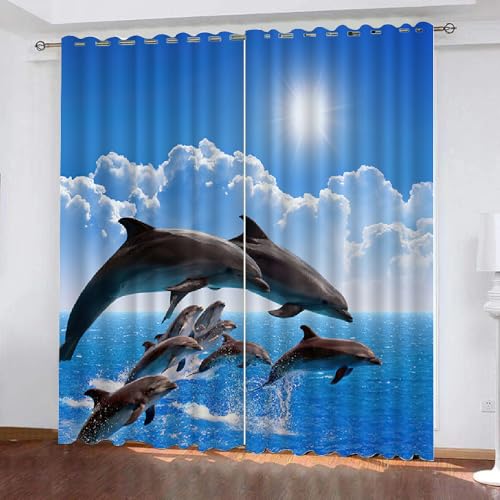 HABEAT 3D Delphin Vorhänge Abdunkelnde mit ösen 2 Stücks Gardinen Blickdicht Verdunkelungs Ozean Kälteschutz Scheibengardinen für Junge Mädchen Schlafzimmer B 234 X H 183 cm（Motiv 6-10） von HABEAT
