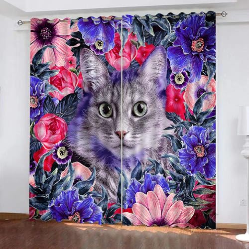 HABEAT 3D Katze Vorhänge Abdunkelnde Blumen Kindervorhänge Vorhang mit ösen 2er Set Gardinen Blickdicht Verdunkelungs für Kinderzimmer Schlafzimmer Wohnzimmer B 150 X H 166 cm（Motiv 6-2） von HABEAT