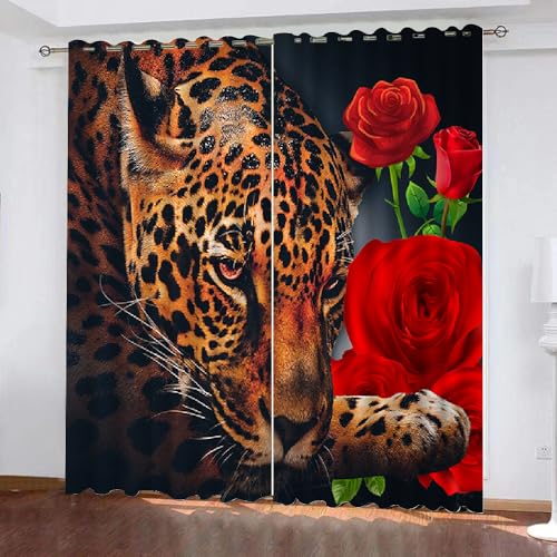 HABEAT 3D Leopard Vorhänge Abdunkelnde Blumen Kindervorhänge Vorhang mit ösen 2er Set Gardinen Blickdicht Verdunkelungs für Kinderzimmer Schlafzimmer Wohnzimmer B 110 X H 95 cm（Motiv 1-2） von HABEAT