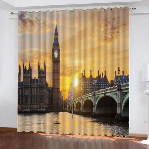 HABEAT 3D London Vorhänge Abdunkelnde mit ösen 2 Stücks Gardinen Blickdicht Verdunkelungs Big Ben Kälteschutz Scheibengardinen für Junge Mädchen Schlafzimmer B 280 X H 260 cm（Motiv 15-6） von HABEAT