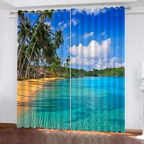 HABEAT 3D Palmen Vorhänge Abdunkelnde mit ösen 2 Stücks Gardinen Blickdicht Verdunkelungs Ozean Strand Kälteschutz Scheibengardinen für Junge Mädchen Schlafzimmer B 280 X H 260 cm（Motiv 17-10） von HABEAT