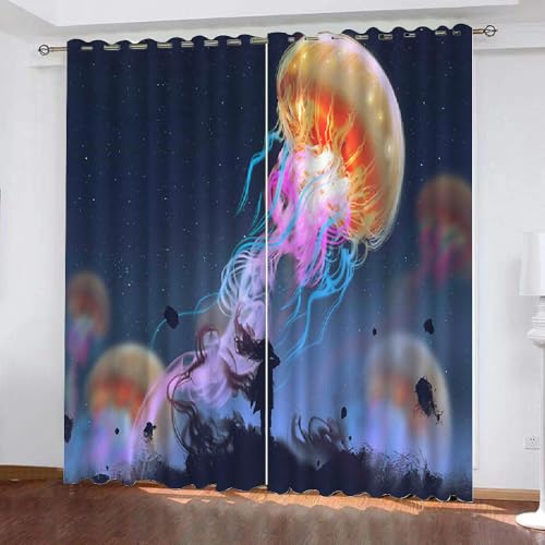 HABEAT 3D Qualle Vorhänge Abdunkelnde Sternenhimmel Kindervorhänge Vorhang mit ösen 2er Set Gardinen Blickdicht Verdunkelungs für Kinderzimmer Schlafzimmer Wohnzimmer B 110 X H 95 cm（Motiv 5-10） von HABEAT