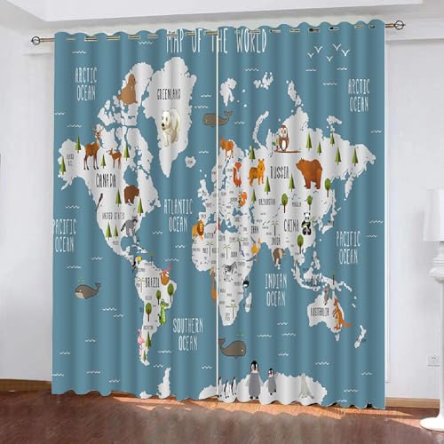 HABEAT 3D Weltkarte Gardinen Abdunkelnde Weltkarte Kindervorhänge Vorhang mit ösen 2er Set Vorhänge Blickdicht Verdunkelungs für Kinderzimmer Schlafzimmer Wohnzimmer B 200 X H 160 cm（Motiv 14-8） von HABEAT