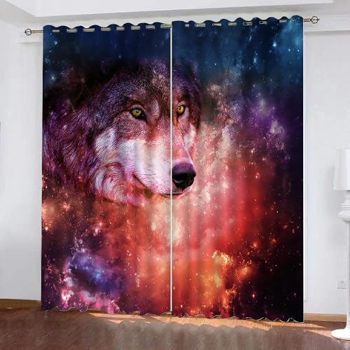 HABEAT 3D Wolf Gardinen Abdunkelnde Sternenhimmel Kindervorhänge Vorhang mit ösen 2er Set Vorhänge Blickdicht Verdunkelungs für Kinderzimmer Schlafzimmer Wohnzimmer B 200 X H 160 cm（Motiv 1-3） von HABEAT