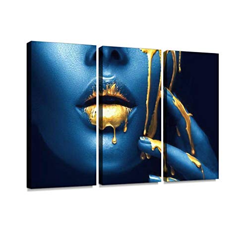 HABEN ARTWORK Goldfarbe verschmiert vom Gesicht, Lippen und Hand, Lipgloss, tropfender Druck auf Leinwand, Wandkunstwerk, moderne Fotografie, Heimdekoration, einzigartiges Muster, gespannt und von HABEN ARTWORK