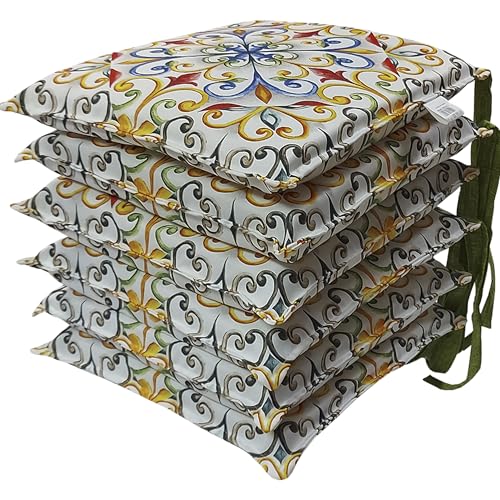 HABITA 33 HOME 6er Set Stuhlkissen 40x40x5 cm – Abnehmbare Sitzkissen mit Bändern – Waschbare Kissenbezüge mit Digitaldruck – Weiche Sitzauflagen für Küche & Esszimmer (6, Giglio Land) von HABITA 33 HOME