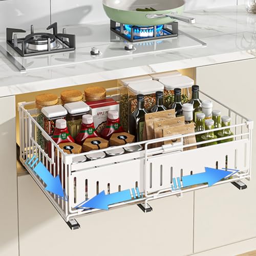 HABITELLO Teleskopschublade Küchen Organizer Ohne Bohren Ausziehbare Schubladen Metall Küchenregal Spülschrank Regal für Küche Pantry Organisation, Einstellbare Breite 32.5-50cm von HABITELLO