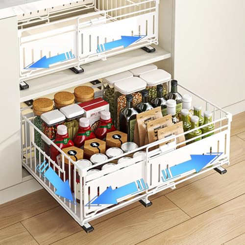 HABITELLO Teleskopschublade Küchen Organizer Ohne Bohren Ausziehbare Schubladen Metall Küchenregal Spülschrank Regal für Küche Pantry Organisation, Einstellbare Breite 32.5-50cm von HABITELLO