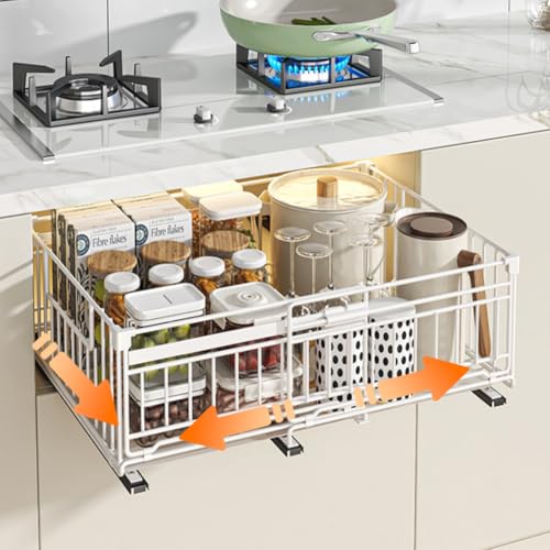 HBALLTIE Teleskopschublade Küche Ohne Bohren Ausziehbare Schubladen für Küchenschränke Metall Küchen Organizer Schrank Regal, Einstellbare Breite 32.5-50cm HBALLTIE Teleskopschublade Küche Ohne Bohren Ausziehbare Schubladen für Küchenschränke Metall Küchen Organizer Schrank Regal, Einstellbare Breite 32.5-50cm von HABITELLO