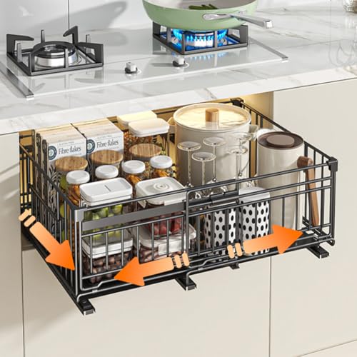 HBALLTIE Teleskopschublade Küche Ohne Bohren Ausziehbare Schubladen für Küchenschränke Metall Küchen Organizer Schrank Regal, Einstellbare Breite 32.5-50cm HBALLTIE Teleskopschublade Küche Ohne Bohren Ausziehbare Schubladen für Küchenschränke Metall Küchen Organizer Schrank Regal, Einstellbare Breite 32.5-50cm von HABITELLO