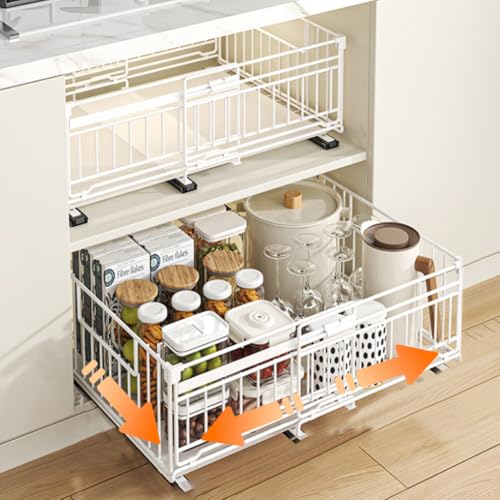 HBALLTIE Teleskopschublade Küche Ohne Bohren Ausziehbare Schubladen für Küchenschränke Metall Küchen Organizer Schrank Regal, Einstellbare Breite 32.5-50cm HBALLTIE Teleskopschublade Küche Ohne Bohren Ausziehbare Schubladen für Küchenschränke Metall Küchen Organizer Schrank Regal, Einstellbare Breite 32.5-50cm von HABITELLO