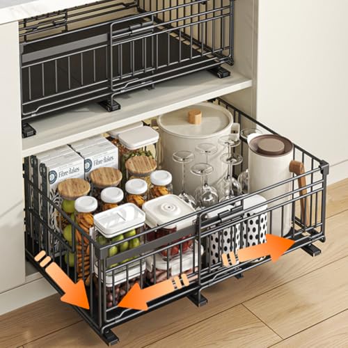 HBALLTIE Teleskopschublade Küche Ohne Bohren Ausziehbare Schubladen für Küchenschränke Metall Küchen Organizer Schrank Regal, Einstellbare Breite 32.5-50cm HBALLTIE Teleskopschublade Küche Ohne Bohren Ausziehbare Schubladen für Küchenschränke Metall Küchen Organizer Schrank Regal, Einstellbare Breite 32.5-50cm von HABITELLO