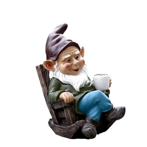 HABITZ Kaffeetrinkende Gartenzwerg Statue Dekoration Draußen Lustige Statuen Schaukelstuhl Figur Ornament Draußen Feen Harzzwerge Sukkulenten for Terrasse,Hof,Rasen,Drinnen,Tischplatte,Zuhause von HABITZ