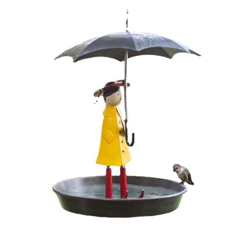 Hängende Vogelfutterbox Wildvögel Garden Mile Neuartiges Metallmädchen Mit Regenschirm Und Badewanne Hängestation Wetterfest for Vogelliebhaber,Außendekoration, Leichter Futtertisch von HABITZ