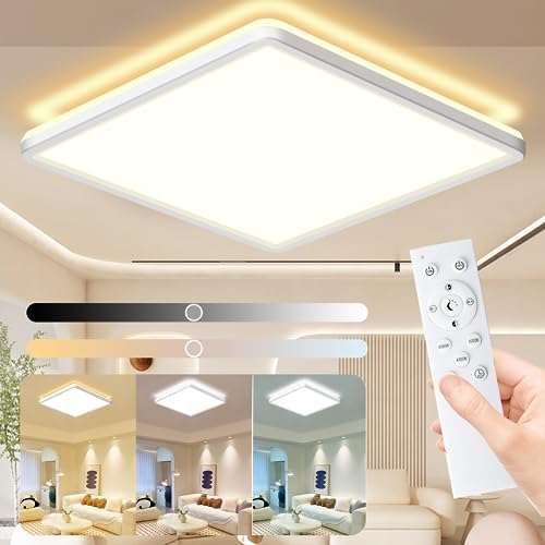 HABOWN LED Deckenleuchte Flach Dimmbar mit Fernbedienung, 24W 3200LM, 3000-6500K Ultra Dünn Deckenlampe Backlighteffekt Decke Lampe für Wohnzimmer Schlafzimmer Küche Bad Balkon Quadratisch 29cm,Weiß von HABOWN