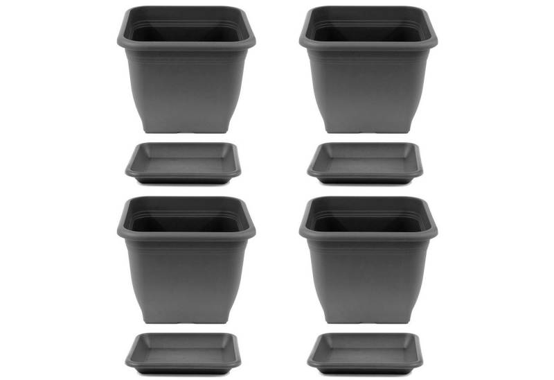 HAC24 Blumentopf Pflanztopf Pflanzkübel Pflanzuntersetzer Blumenkübel Pflanzcontainer (4 St), Kunststoff 19 x 19 cm incl. Untersetzer Eckig Anthrazit von HAC24